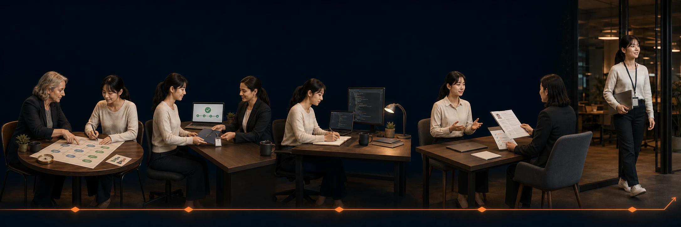 A learner moves through career counselling, course admission, focused study, a mock interview and into her new workplace.